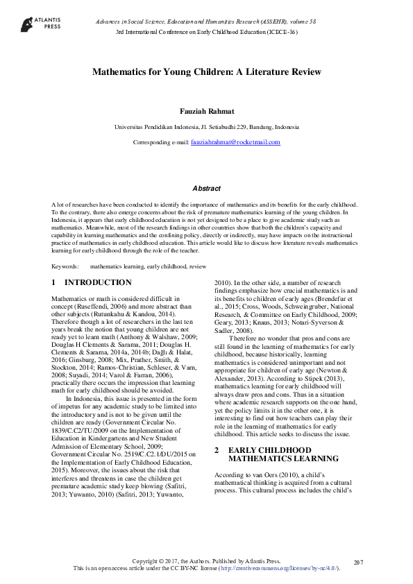  pdf mathematics for young children a literature review