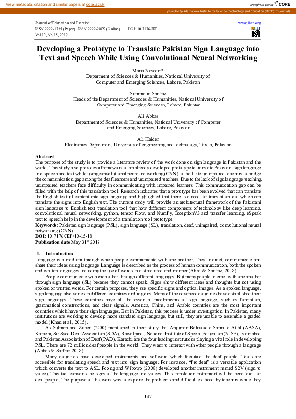 (PDF) Developing a Prototype to Translate Pakistan Sign Language into ...
