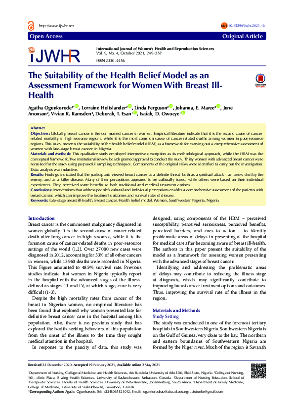 (PDF) The Suitability of the Health Belief Model as an Assessment ...