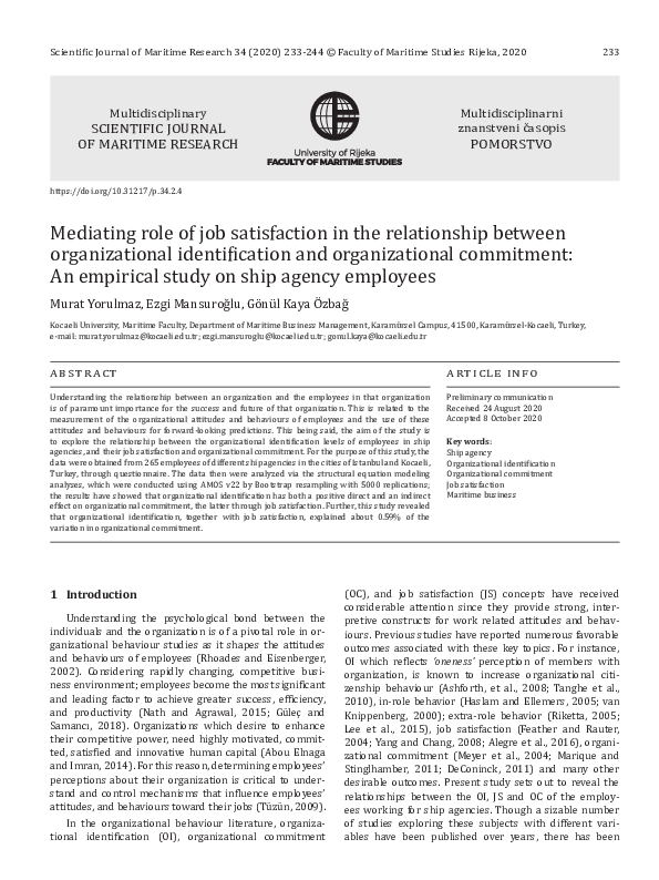 (PDF) Mediating role of job satisfaction in the relationship between ...