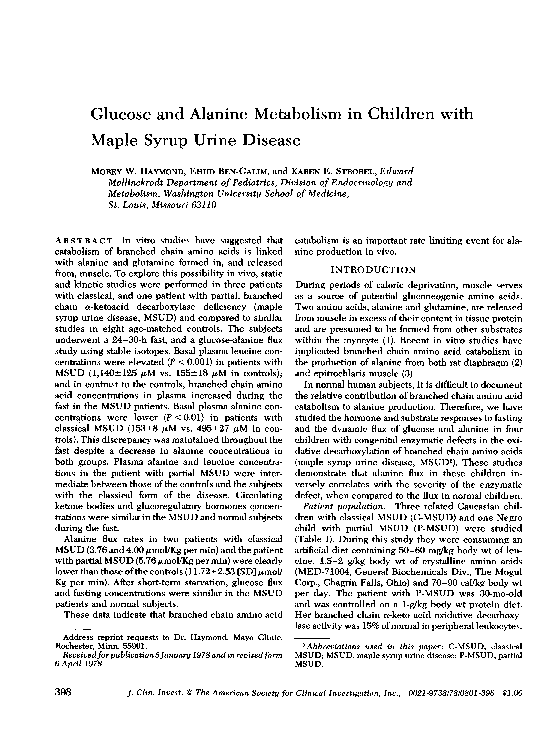 (PDF) Glucose and Alanine Metabolism in Children with Maple Syrup Urine