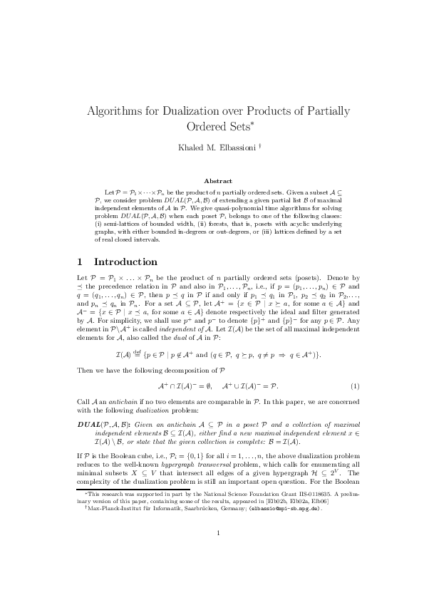 (PDF) Algorithms for Dualization over Products of Partially Ordered Sets