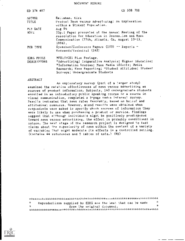 (PDF) Product News versus Advertising An Exploration within a Student