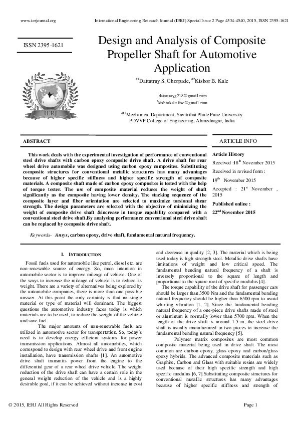 (PDF) Design and Analysis of Composite Propeller Shaft for Automotive ...