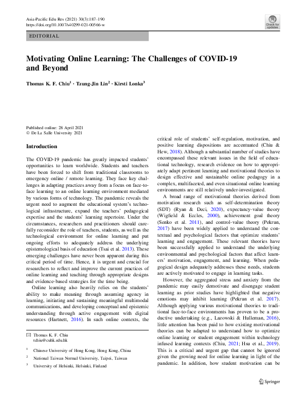 (PDF) Motivating Online Learning: The Challenges of COVID-19 and Beyond