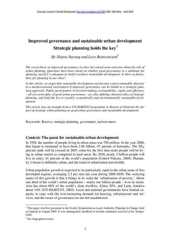 (PDF) Improved governance and sustainable urban development Strategic ...