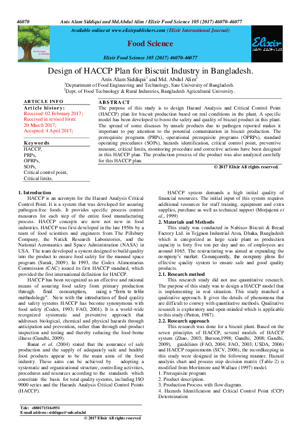 (PDF) Design of HACCP Plan for Biscuit Industry in Bangladesh Anis