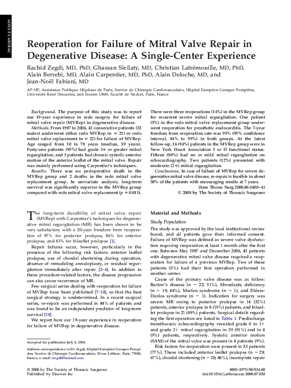 (PDF) Reoperation for Failure of Mitral Valve Repair in Degenerative ...