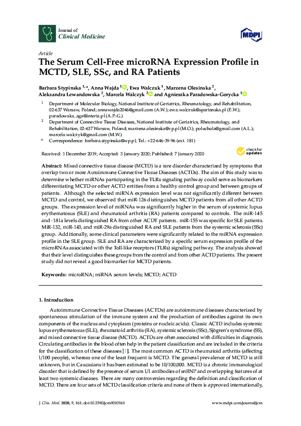 (PDF) The Serum Cell-Free microRNA Expression Profile in MCTD, SLE, SSc ...