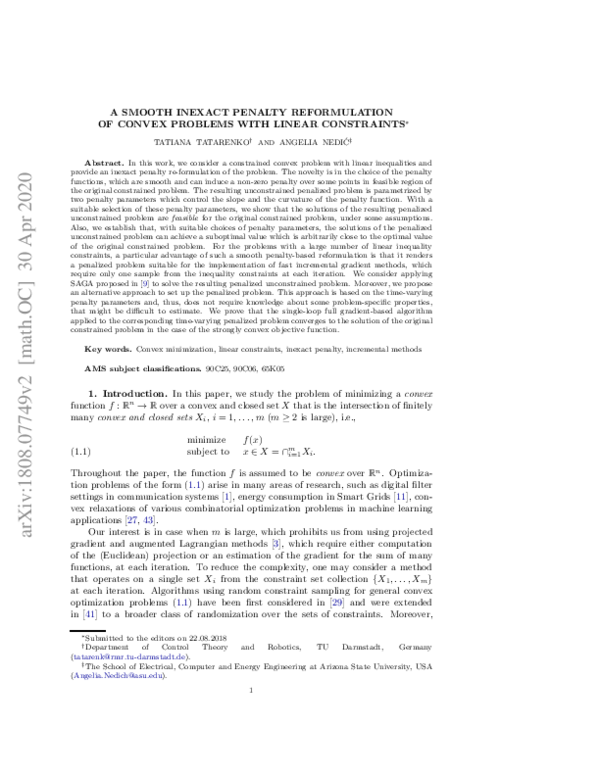 (PDF) A Smooth Inexact Penalty Reformulation of Convex Problems with ...