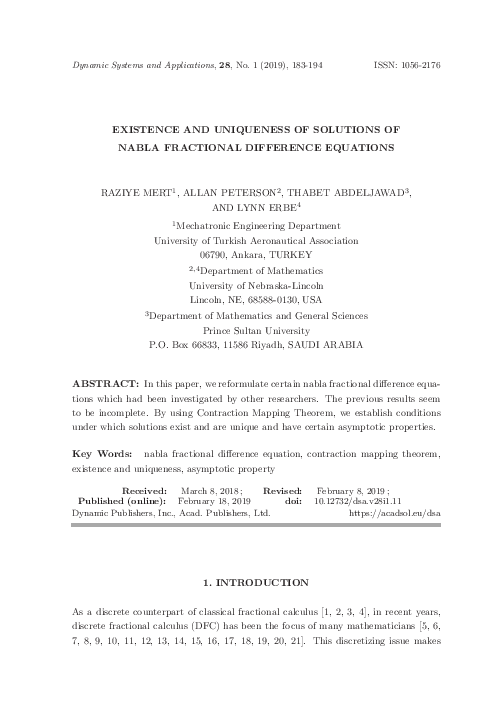 (PDF) Existence and Uniqueness of Solutions of Nabla Fractional ...