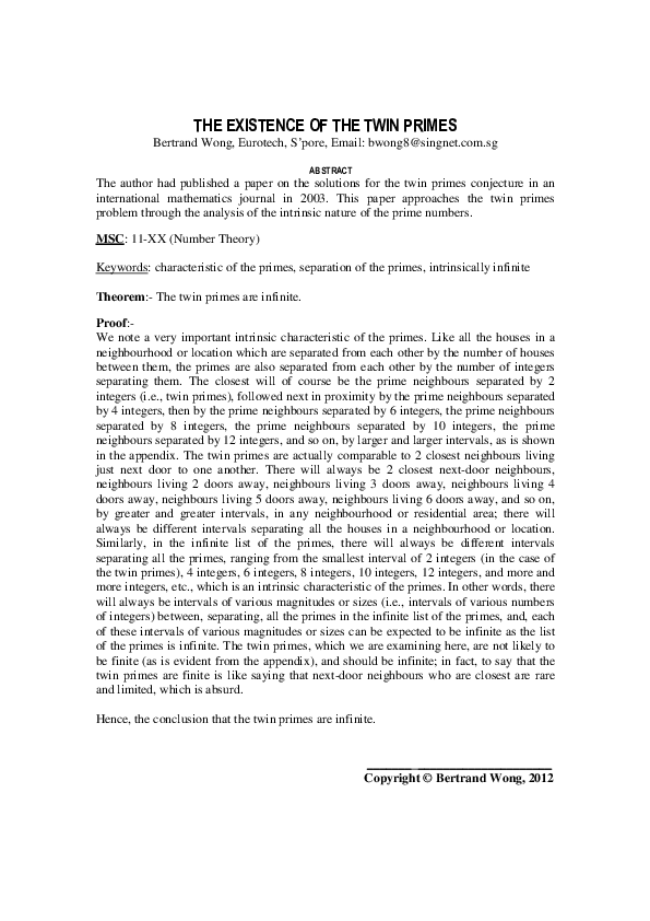(PDF) The Existence of the Twin Primes