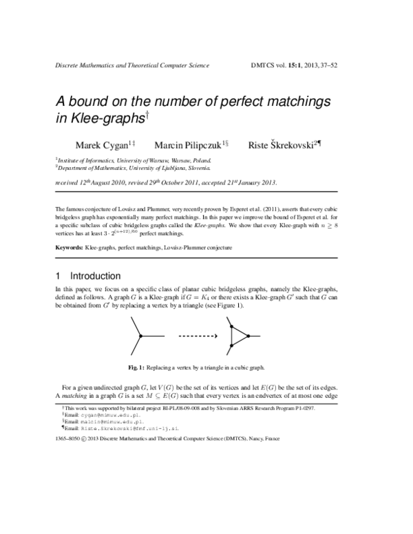 (PDF) A bound on the number of perfect matchings in klee-graphs