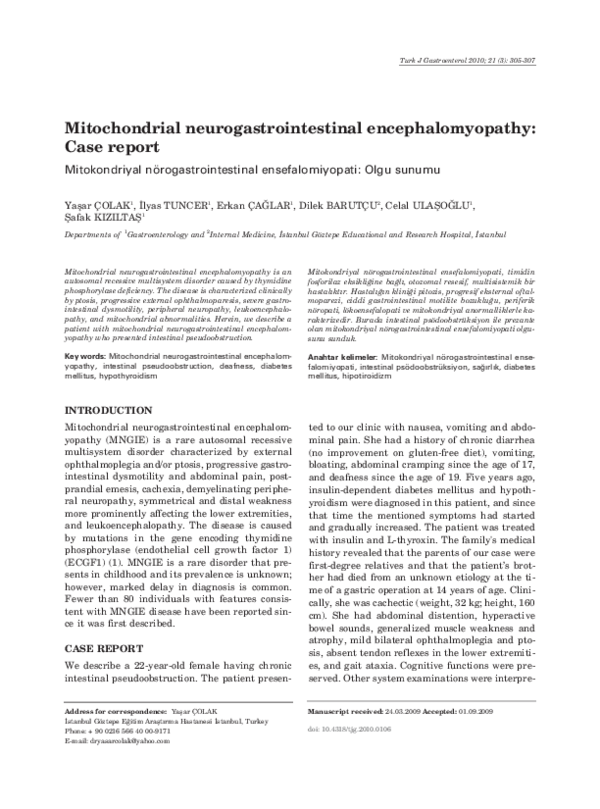(PDF) Mitochondrial neurogastrointestinal encephalomyopathy: Case report
