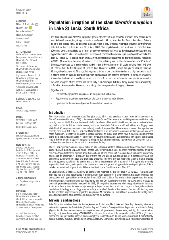 (PDF) Population irruption of the clam Meretrix morphina in Lake St ...
