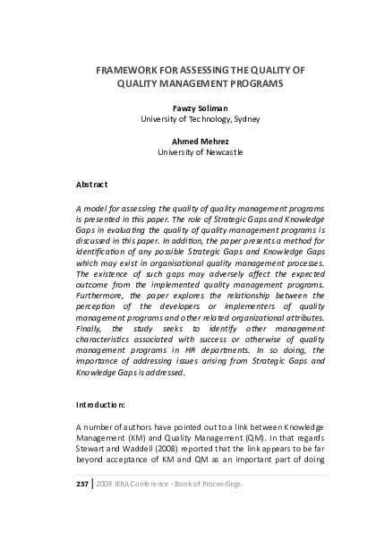 (PDF) Framework for assessing the Quality of Quality Management Programs