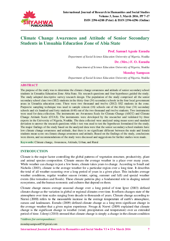 (PDF) Climate Change Awareness and Attitude of Senior Secondary ...