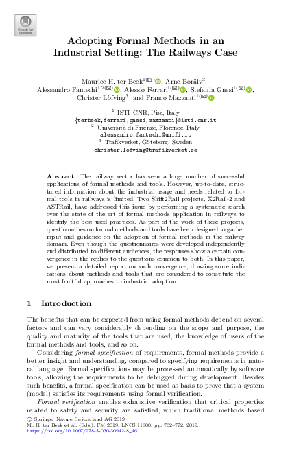 (PDF) Adopting Formal Methods in an Industrial Setting: The Railways Case