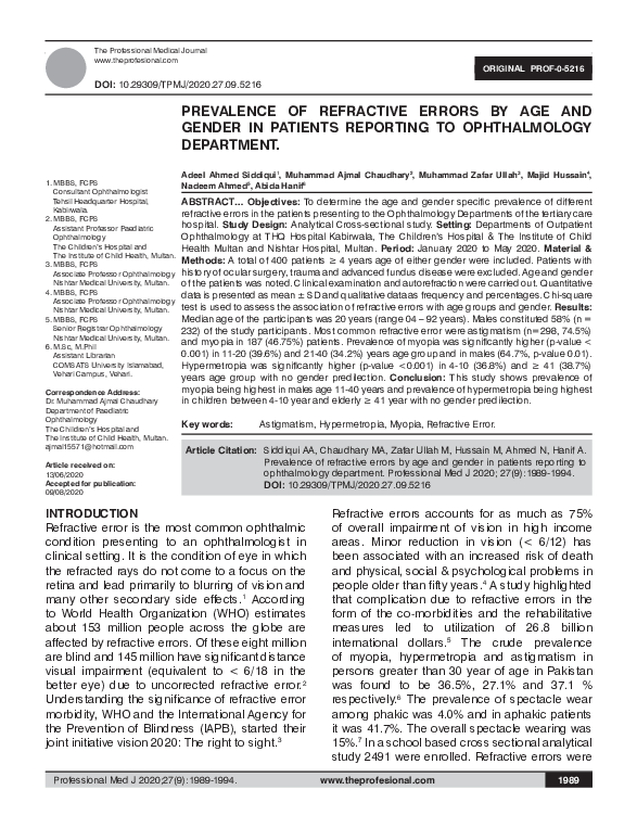 (PDF) Prevalence of Refractive Errors by Age and Gender in Patients ...