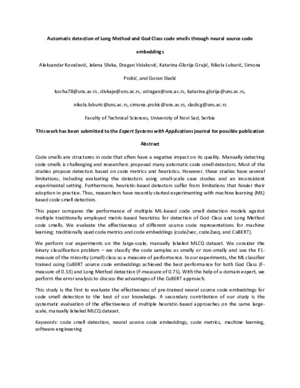 (PDF) Automatic detection of Long Method and God Class code smells ...