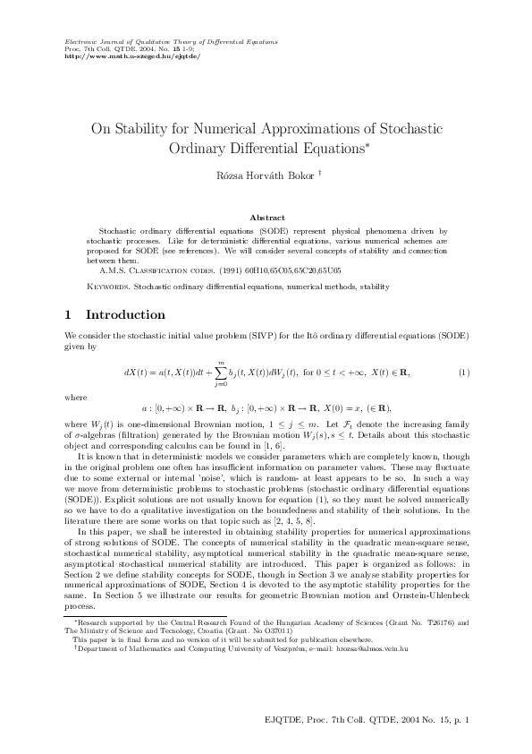 (PDF) On Stability for Numerical Approximations of Stochastic Ordinary ...