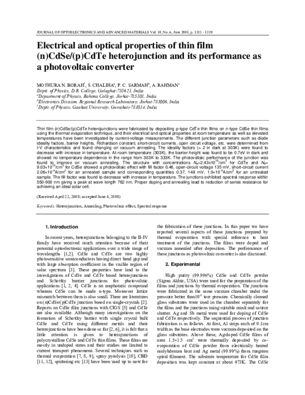 (PDF) Electrical and optical properties of thin film (n)CdSe/(p)CdTe ...