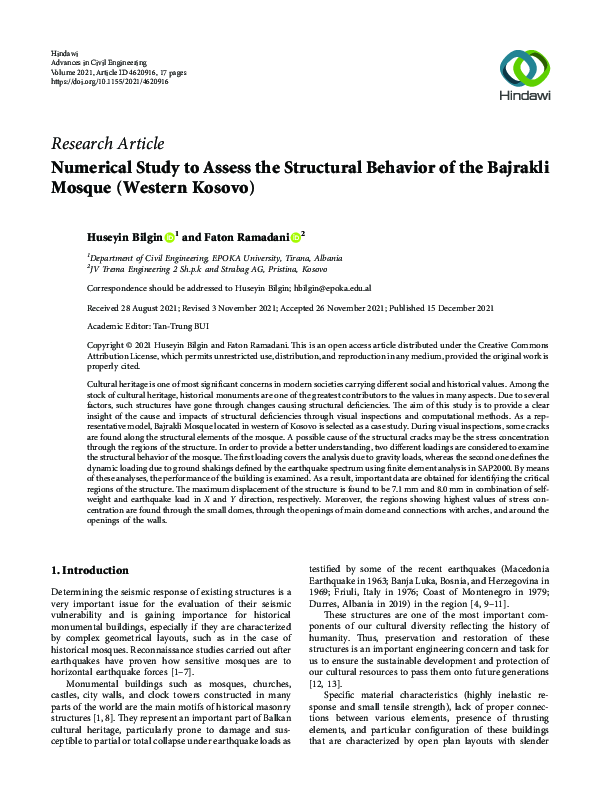 (PDF) Numerical Study to Assess the Structural Behavior of the Bajrakli ...