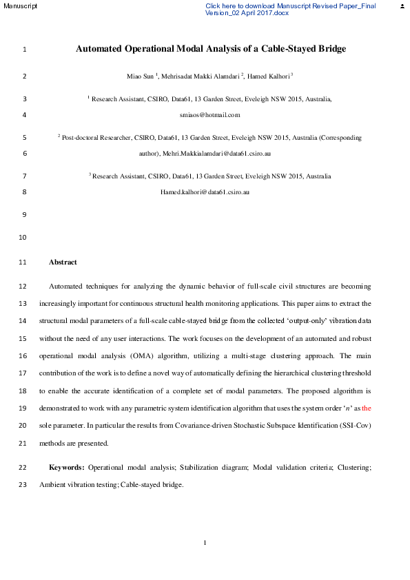 (PDF) Automated Operational Modal Analysis of a Cable-Stayed Bridge