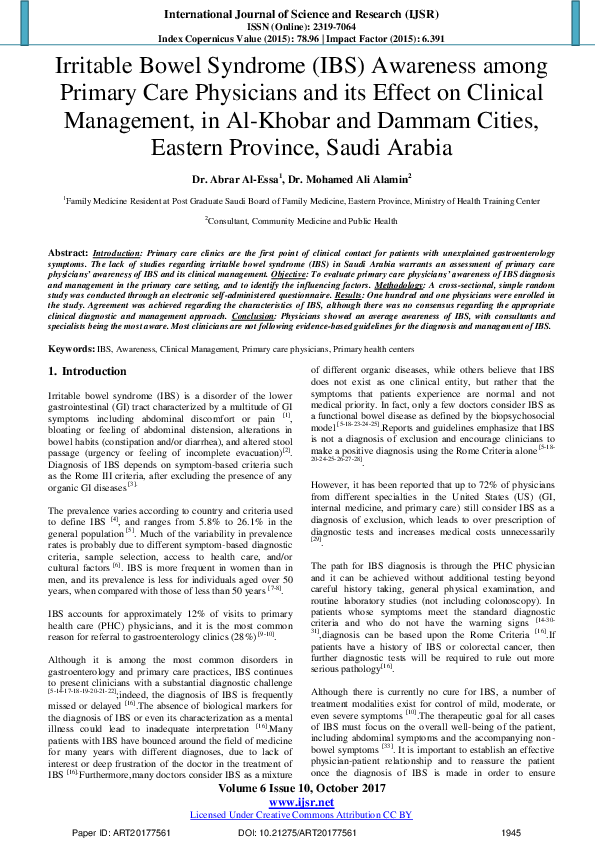 (PDF) Irritable Bowel Syndrome ( IBS ) Awareness among Primary Care ...