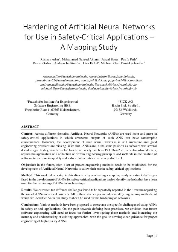 (PDF) Hardening of Artificial Neural Networks for Use in Safety ...