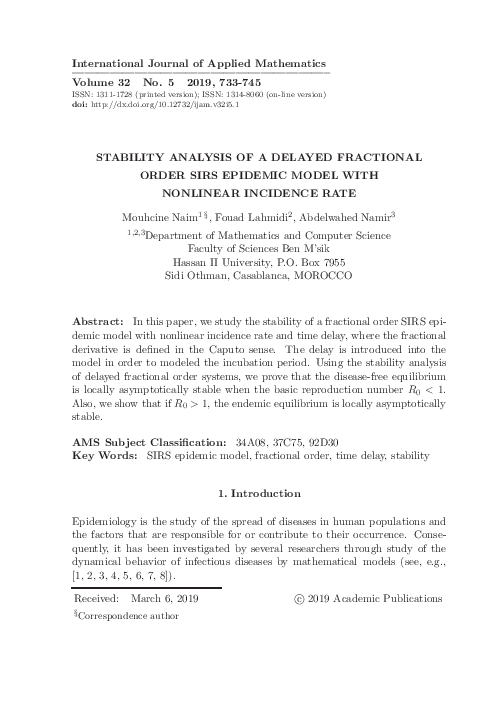 (PDF) Stability Analysis of a Delayed Fractional Order Sirs Epidemic ...