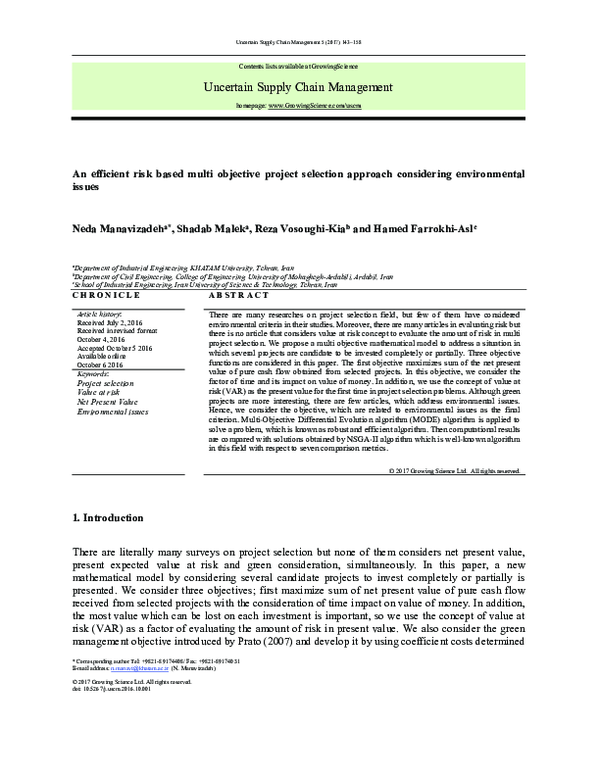 (PDF) An efficient risk based multi objective project selection ...