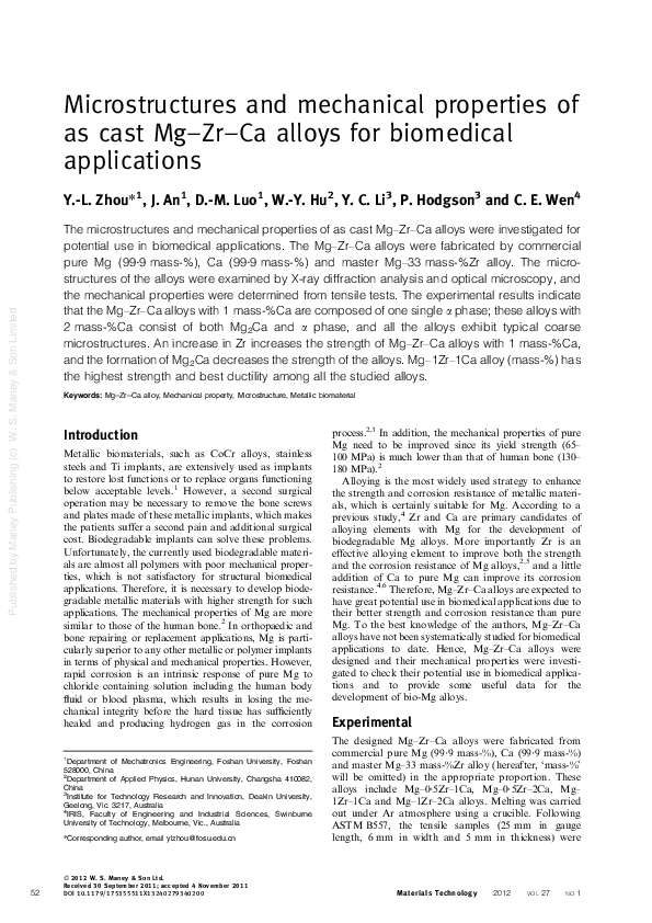(PDF) Microstructures and mechanical properties of as cast Mg–Zr–Ca ...