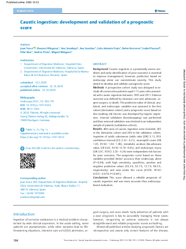 (PDF) Caustic Ingestion: Development and Validation of a Prognostic Score