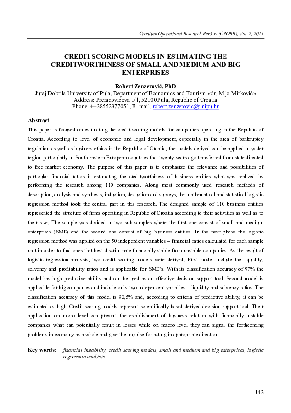 (PDF) Credit Scoring Models in Estimating the Creditworthiness of Small ...