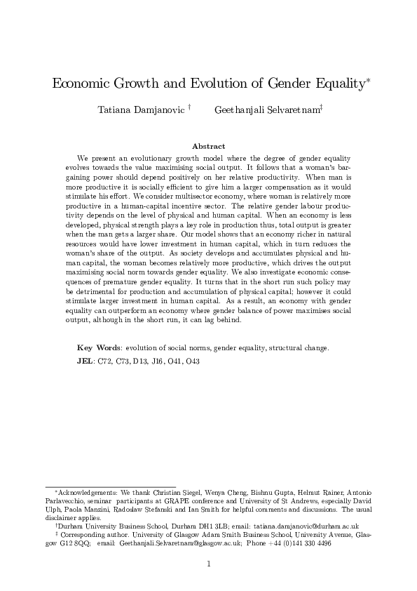 (PDF) Economic Growth and Evolution of Gender Equality