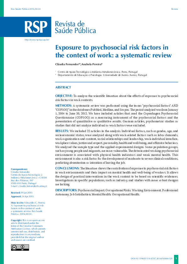 (PDF) Exposure to psychosocial risk factors in the context of work: a ...