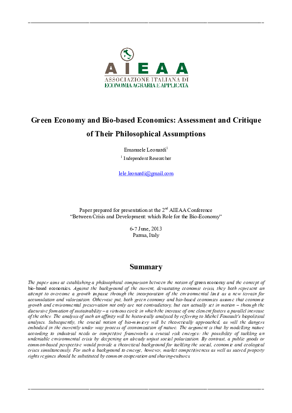  PDF Green Economy And Bio based Economics Assessment And Critique Of