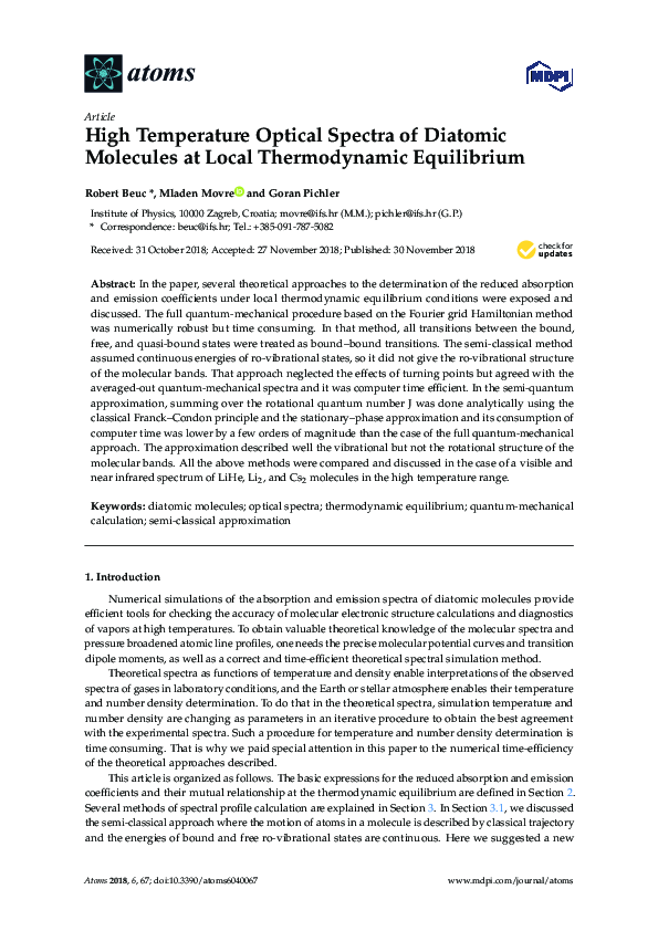 (PDF) High Temperature Optical Spectra of Diatomic Molecules at Local ...