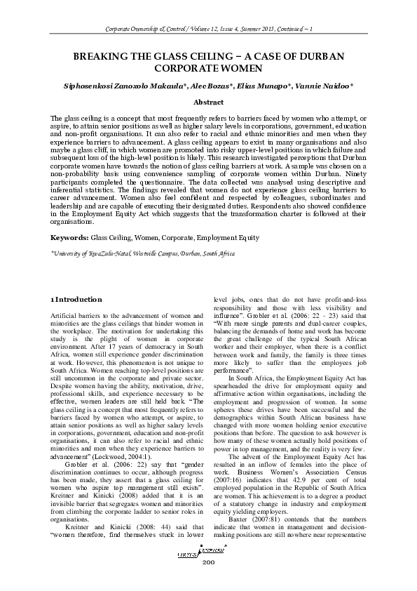 (PDF) Breaking the Glass Ceiling − a Case of Durban Corporate Women