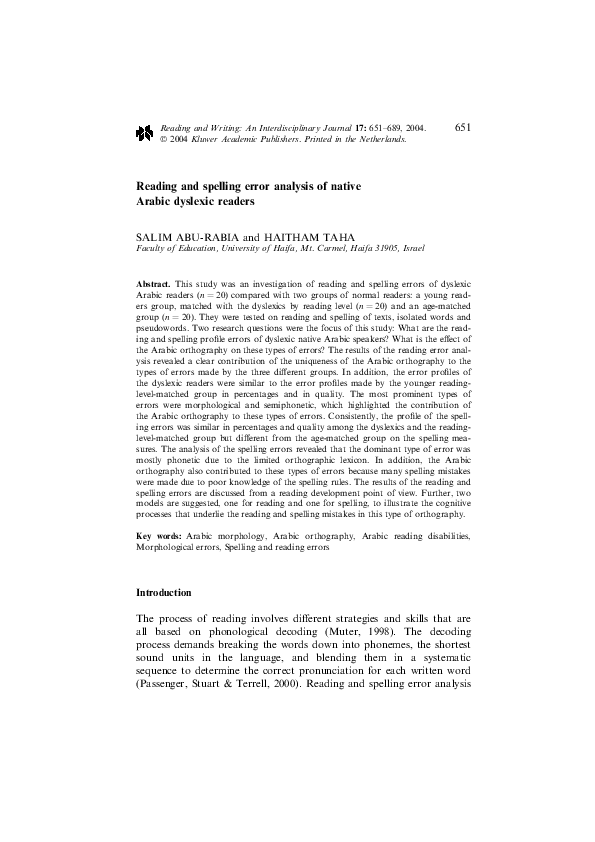 (PDF) Reading and spelling error analysis of native Arabic dyslexic readers