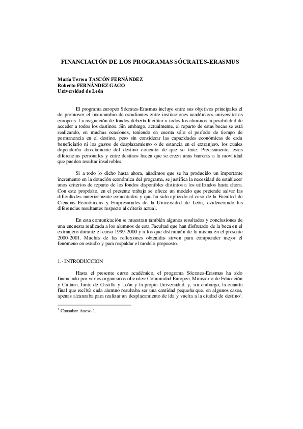 Financiación de los programas Sócrates -Erasmus