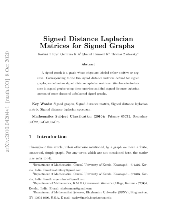 (PDF) Signed Distance Laplacian Matrices for Signed Graphs