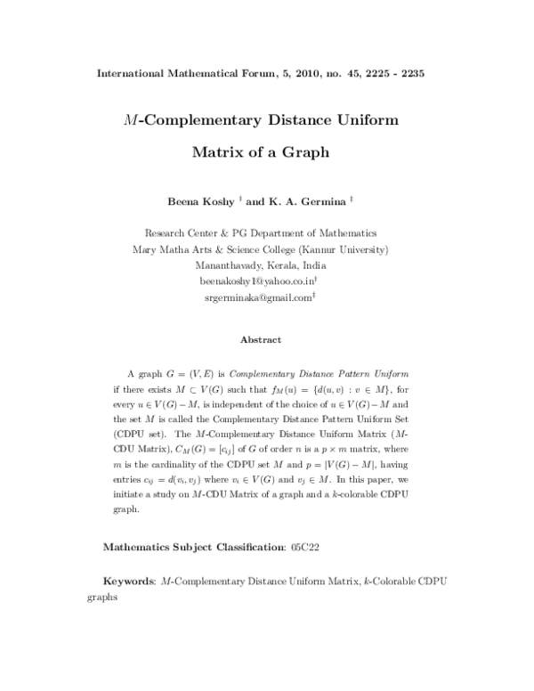 (PDF) M-Complementary Distance Uniform Matrix of a Graph | K. A ...
