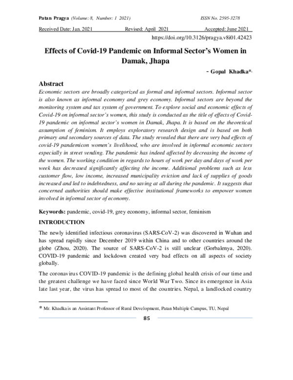 (PDF) Effects of Covid-19 Pandemic on Informal Sector’s Women in Damak ...