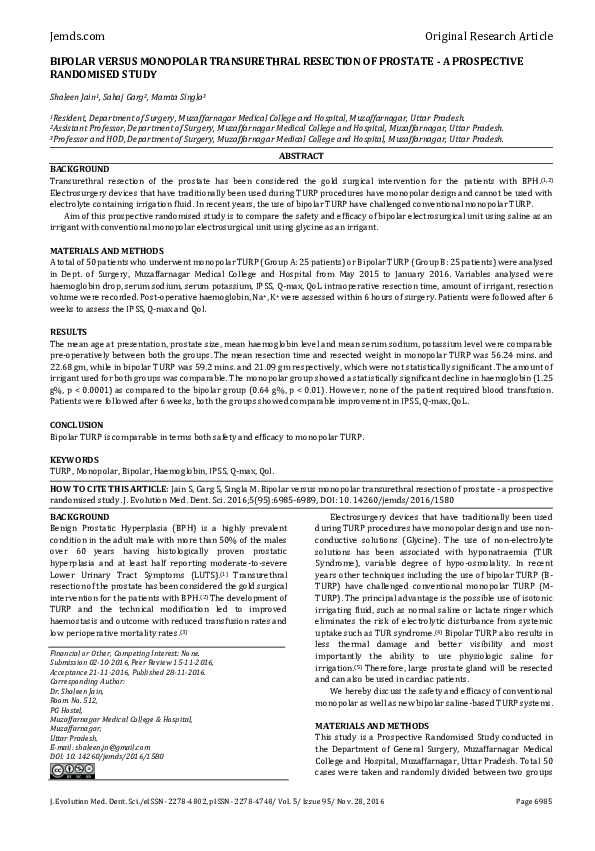 (PDF) Bipolar Versus Monopolar Transurethral Resection of Prostate - a ...