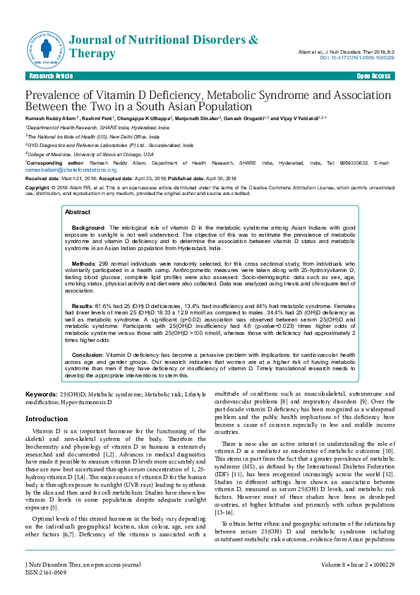 (PDF) Prevalence of Vitamin D Deficiency, Metabolic Syndrome and ...
