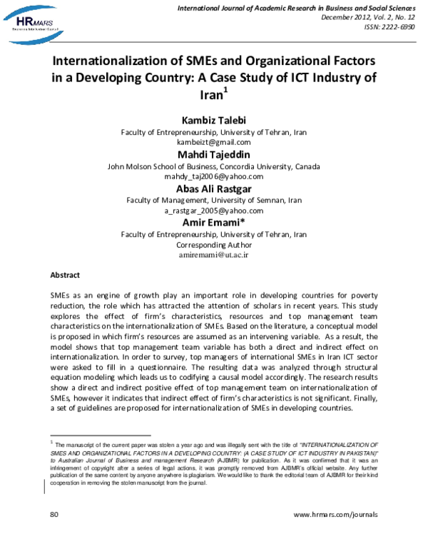 (PDF) Internationalization of SMEs and Organizational Factors in a ...
