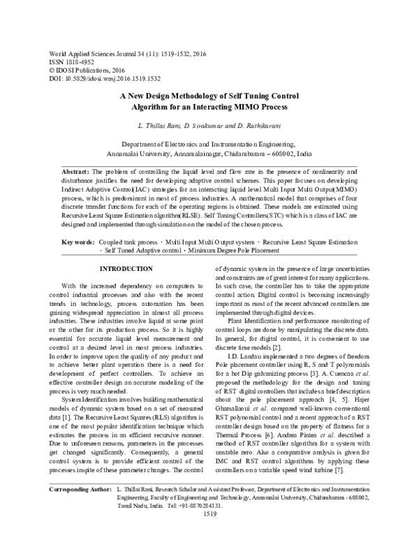 (PDF) A New Design Methodology of Self Tuning Control Algorithm for an ...