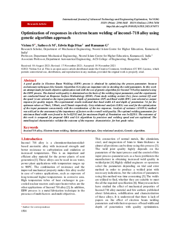 (PDF) Optimization of responses in electron beam welding of inconel-718 ...